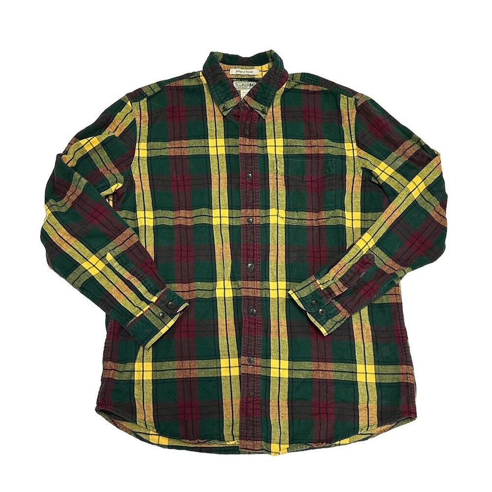 LL Bean Plaid Flannel Shirt Men's Large L Green Yellow Outdoor Hunt Long Sleeve